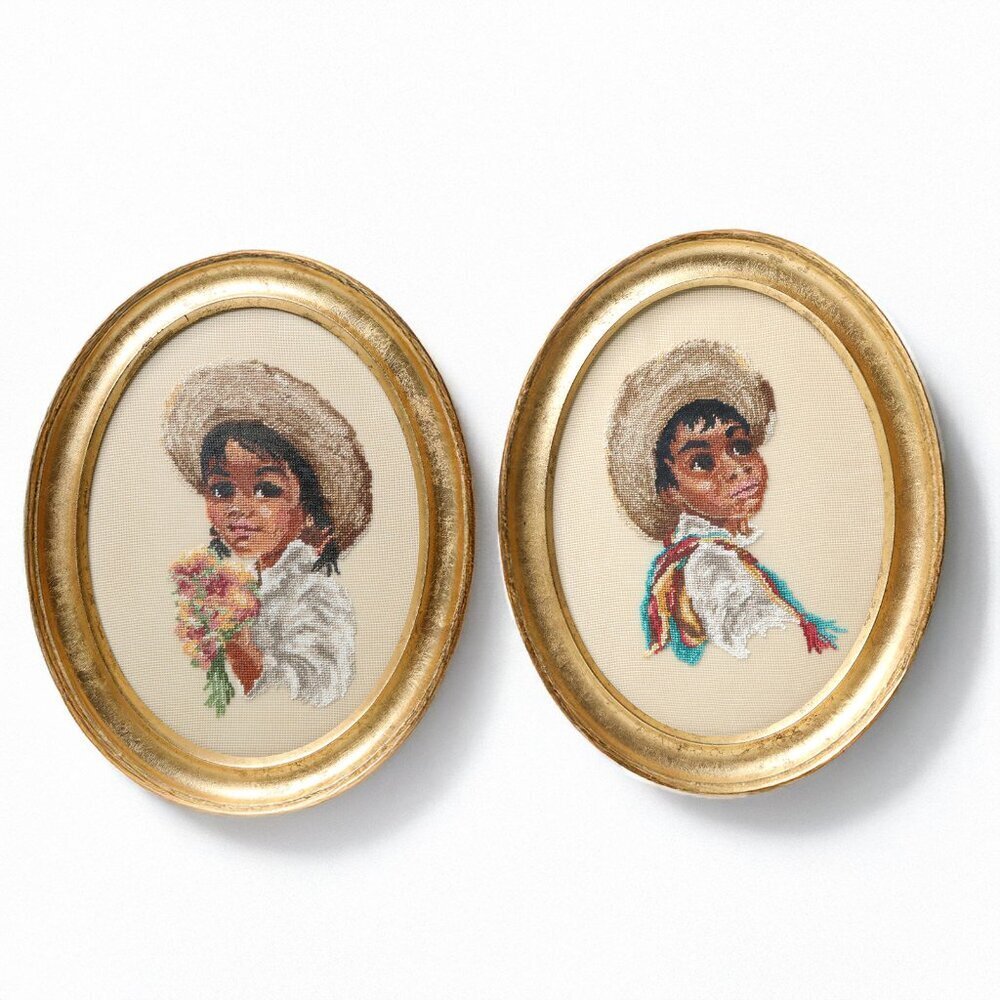 Vintage Jean McIntosh Needlepoint "Pepe" & "Pepita" Oval Framed Art 60s Mexico